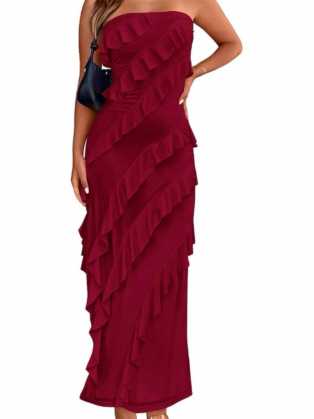 Strapless Ruffle Maxi Dress - Burgundy
